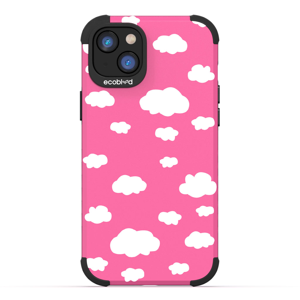 Clouds - Pink Rugged Eco-Friendly iPhone 14 Plus Case With A Fluffy White Cartoon Clouds Print On Back