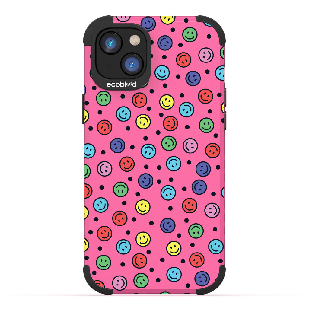 All Smiles - Pink Rugged Eco-Friendly iPhone 14 Case With Multicolored Smiley Faces & Black Dots On Back