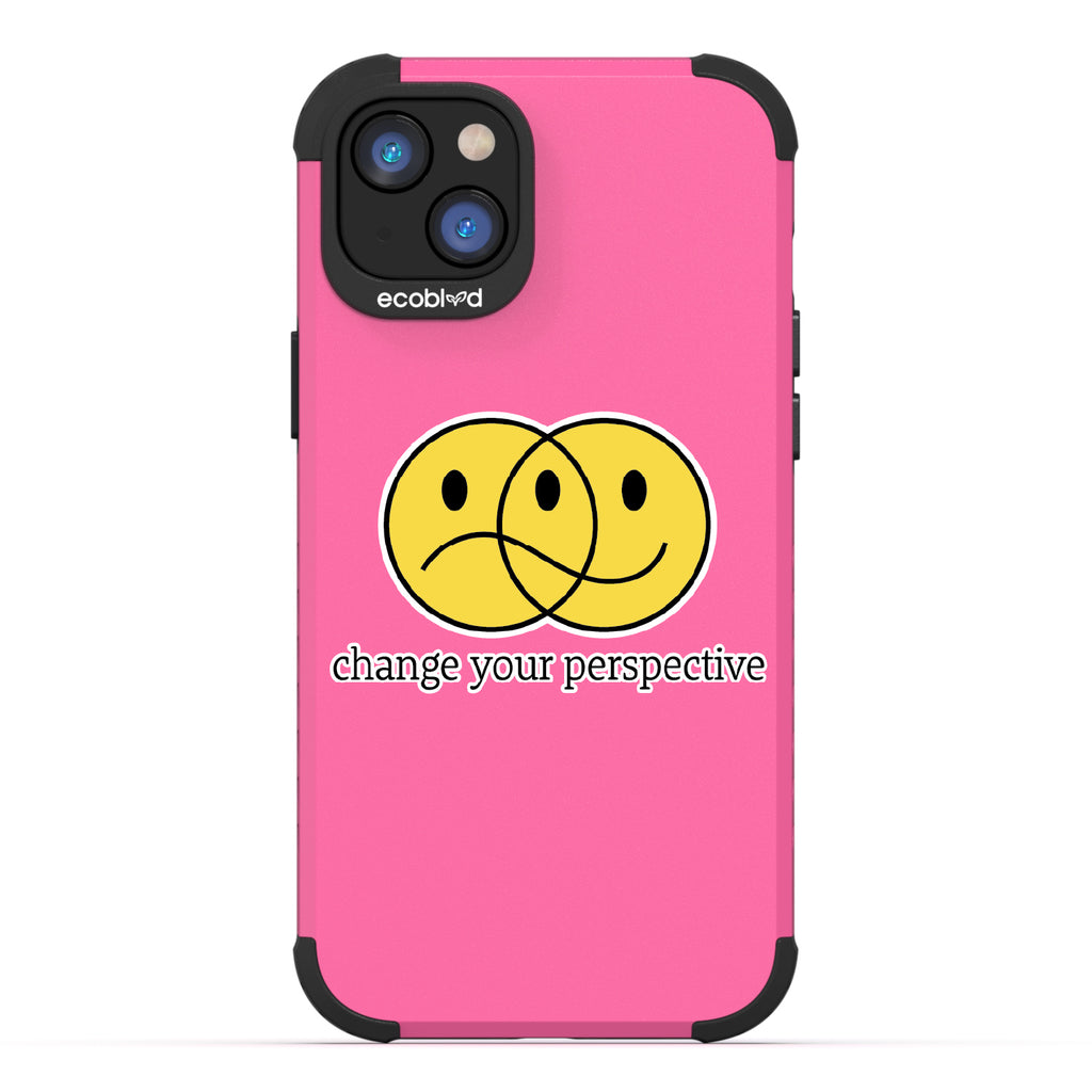 Perspective - Pink Rugged Eco-Friendly iPhone 14 Case With A Happy/Sad Face & Change Your Perspective On Back