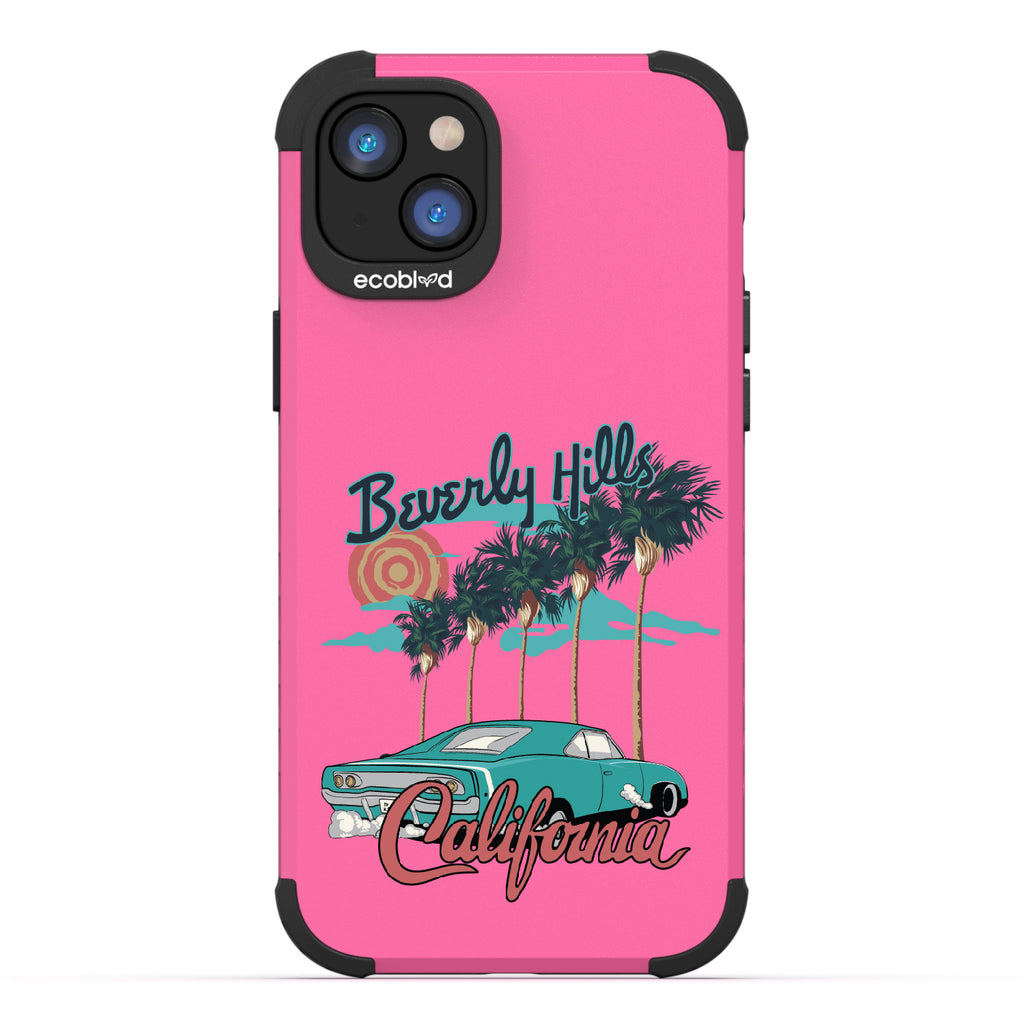 iPhone 14 Plus case, rugged compostable phone case in pink, back view, 90210 design