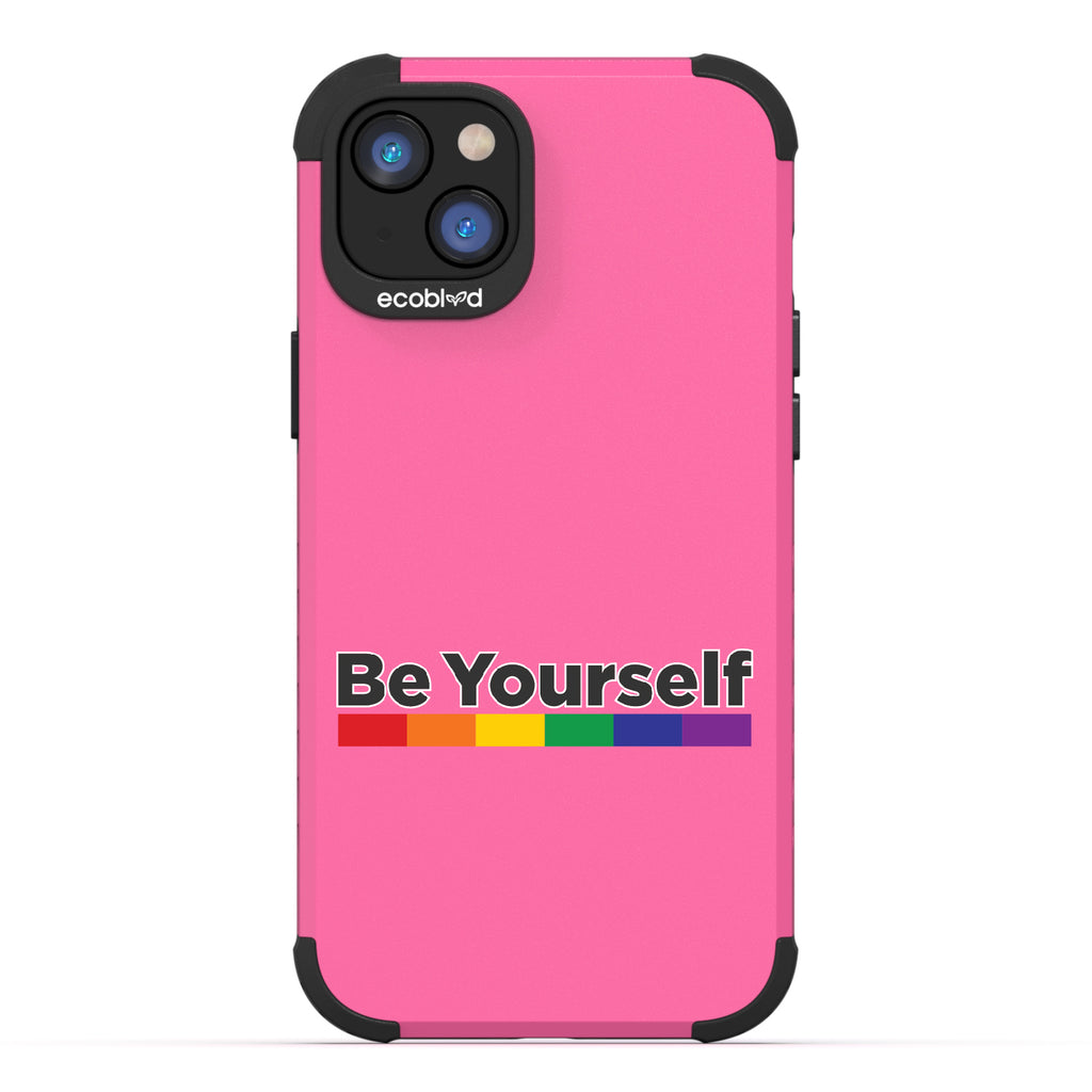 Be Yourself - Be Yourself + Rainbow Gradient Line - Pink Eco-Friendly Rugged iPhone 14 Case