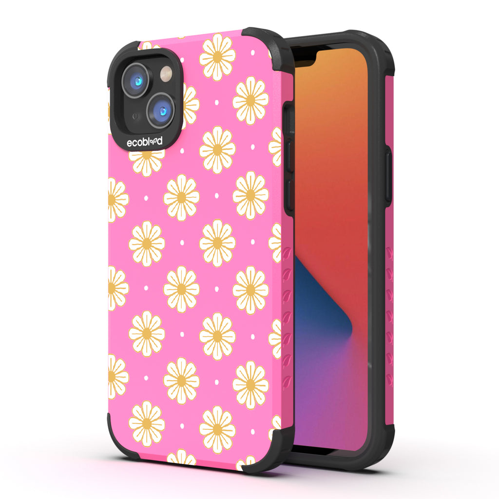 Daisy - Back View Of Pink & Eco-Friendly Rugged iPhone 14 Case & A Front View Of The Screen