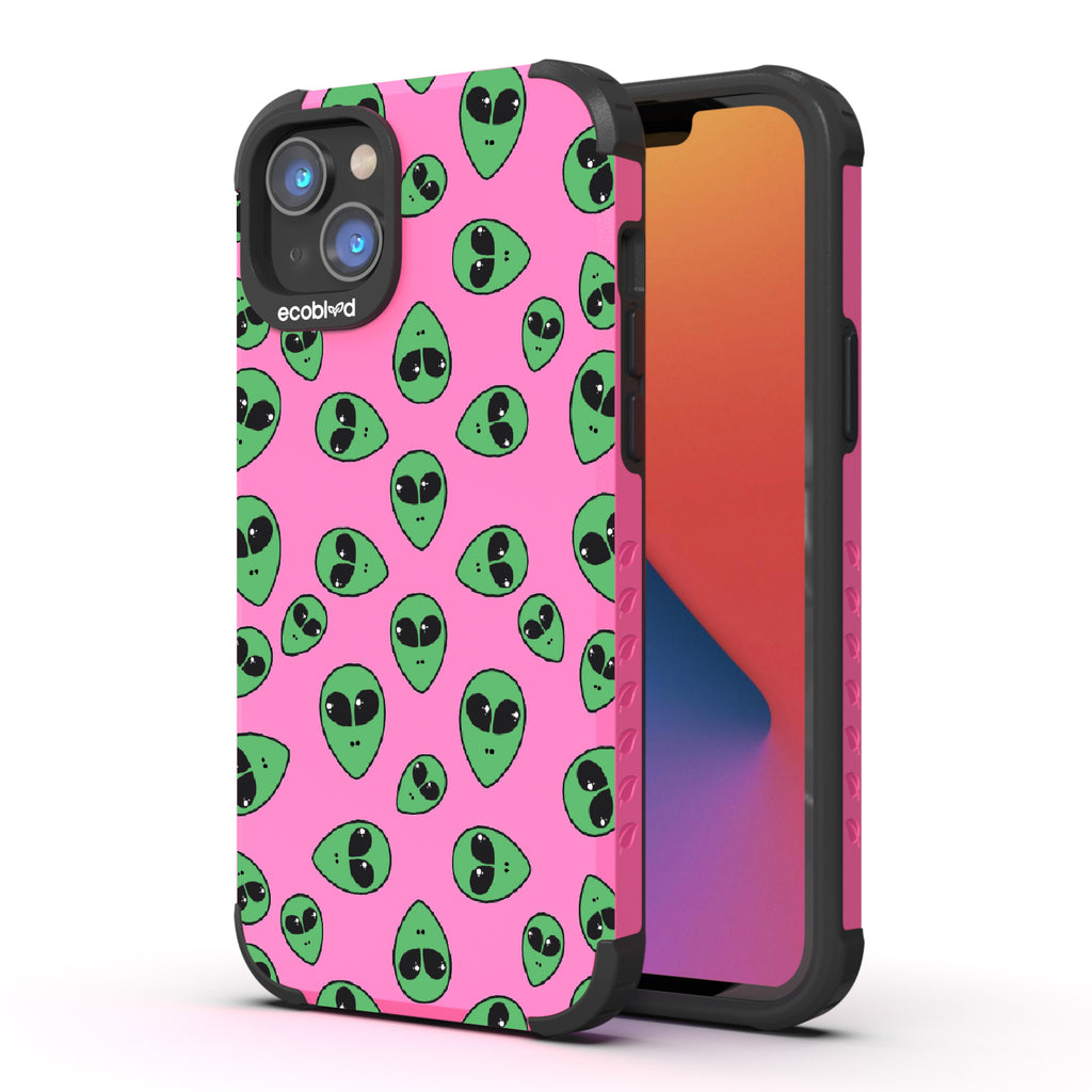 Aliens - Back View Of Pink & Eco-Friendly Rugged iPhone 14 Case & A Front View Of The Screen