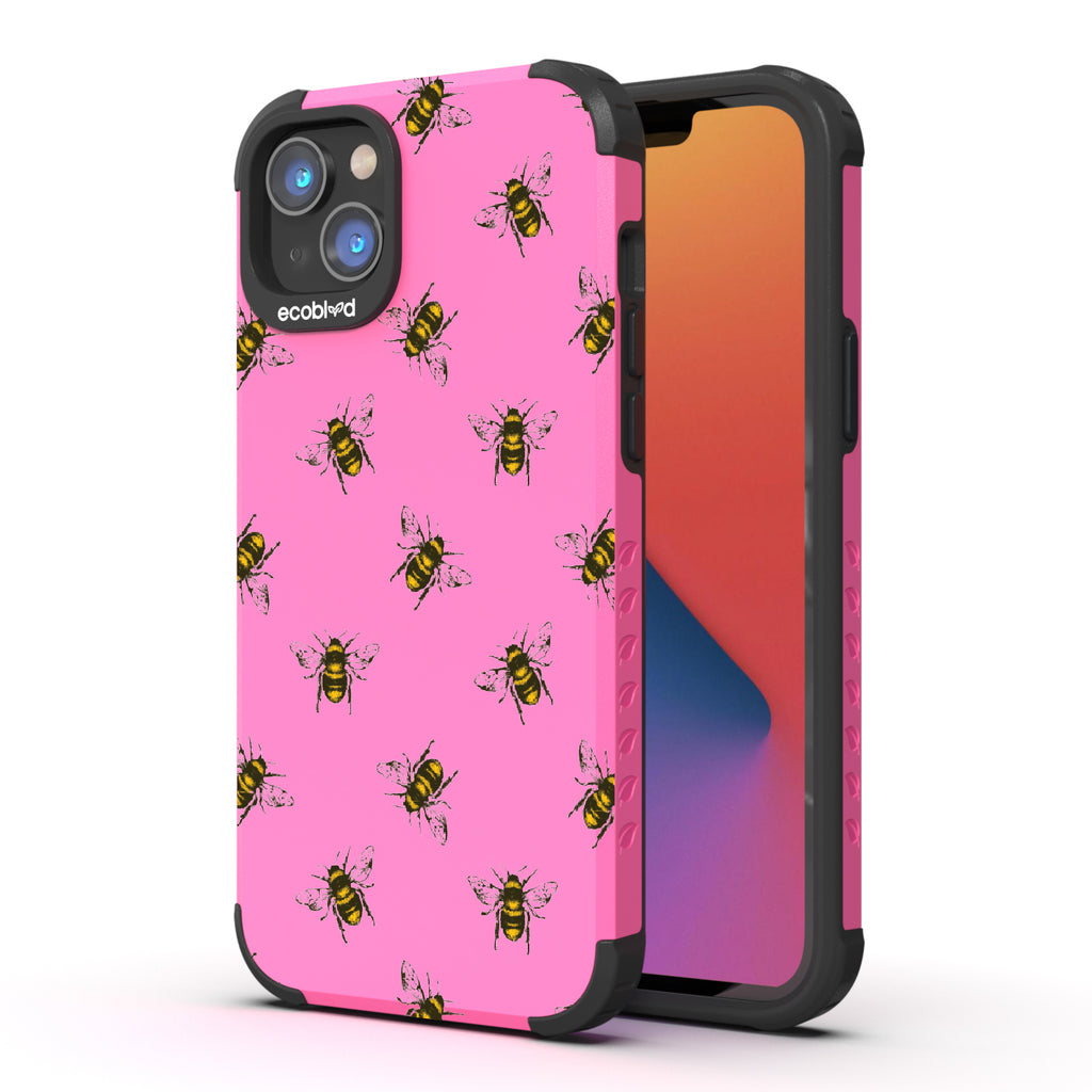 Bees - Back View Of Pink & Eco-Friendly Rugged iPhone 14 Plus Case & A Front View Of The Screen