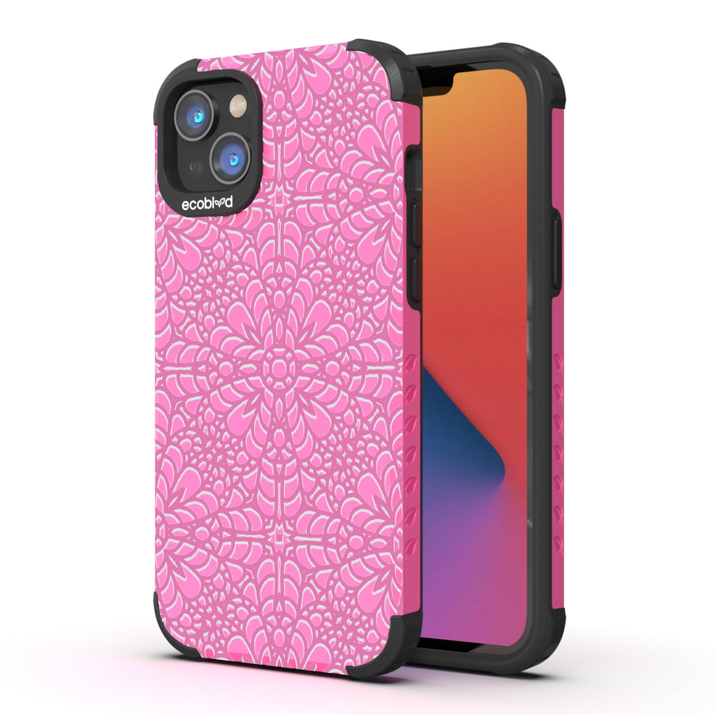 A Lil' Dainty - Back View Of Eco-Friendly Pink iPhone 14 Plus Rugged Case & Front View Of Screen