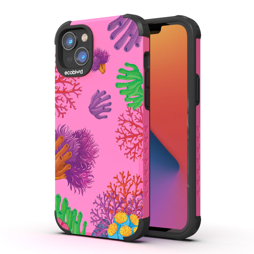 Coral Reef - Back View Of Pink  & Eco-Friendly Rugged iPhone 14 Plus Case & A Front View Of The Screen