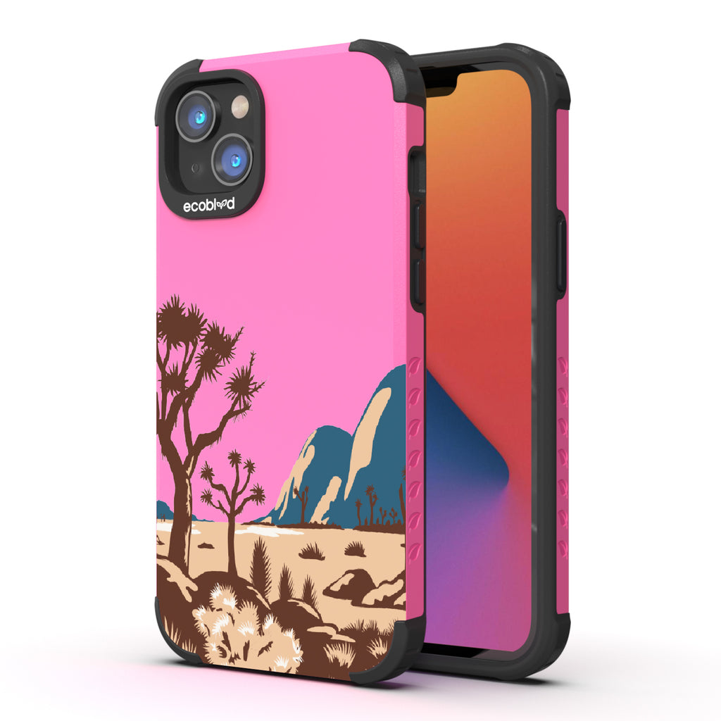Joshua Tree - Back View Of Pink & Eco-Friendly Rugged iPhone 14 Plus Case & A Front View Of The Screen