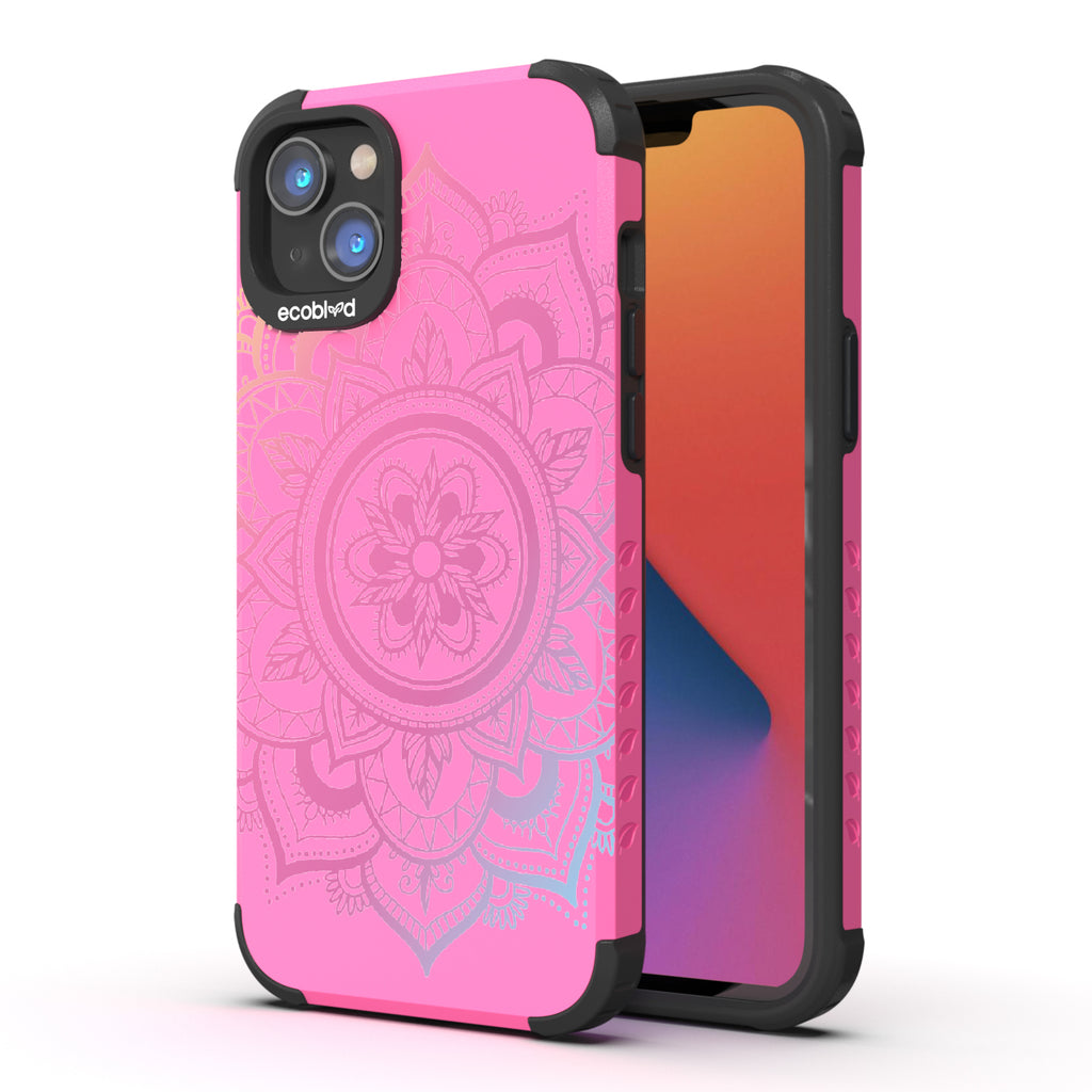 Mandala - Back View Of Pink & Eco-Friendly Rugged iPhone 14 Case & A Front View Of The Screen
