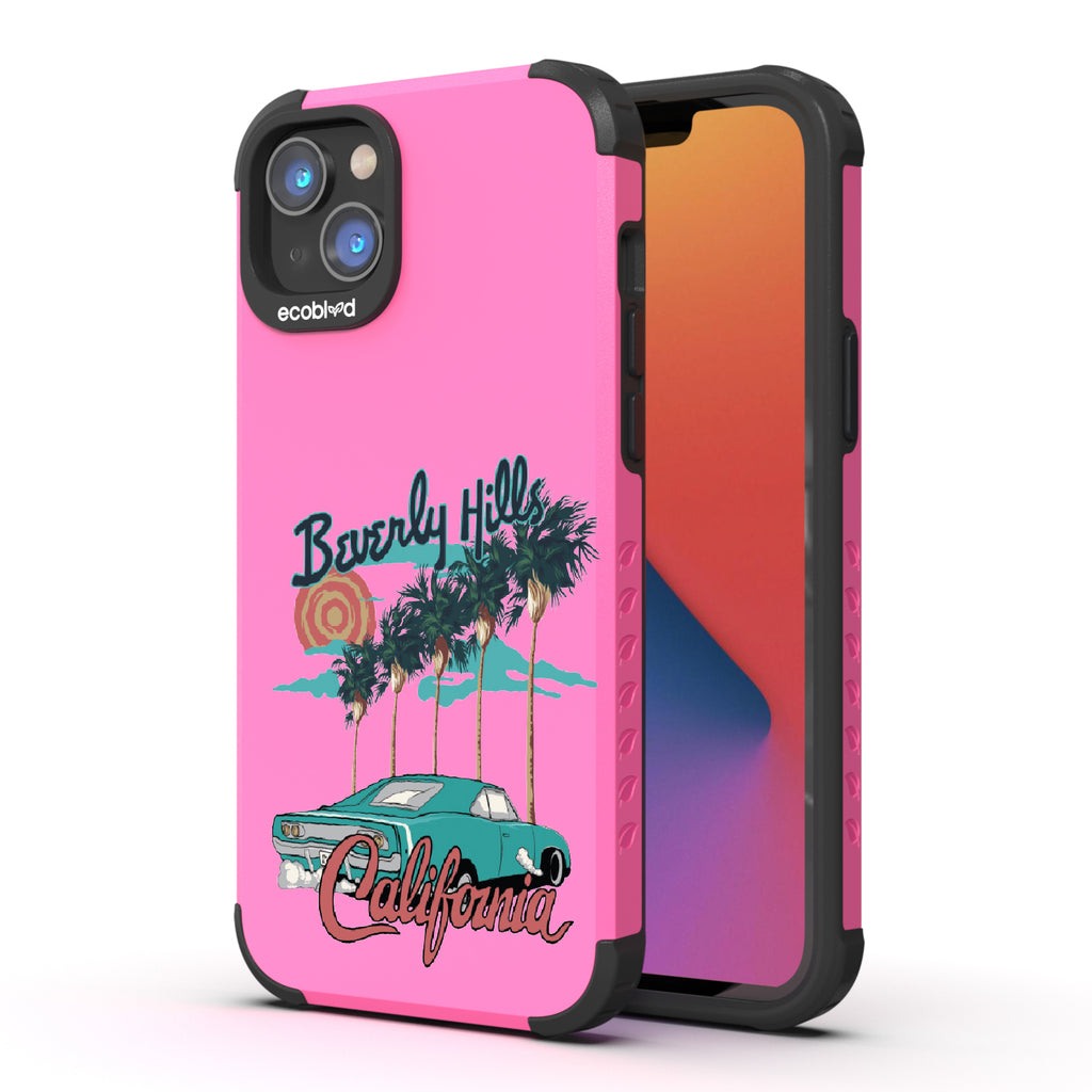 Front and back view of iPhone 14 Plus case, rugged compostable phone case in pink, 90210 design