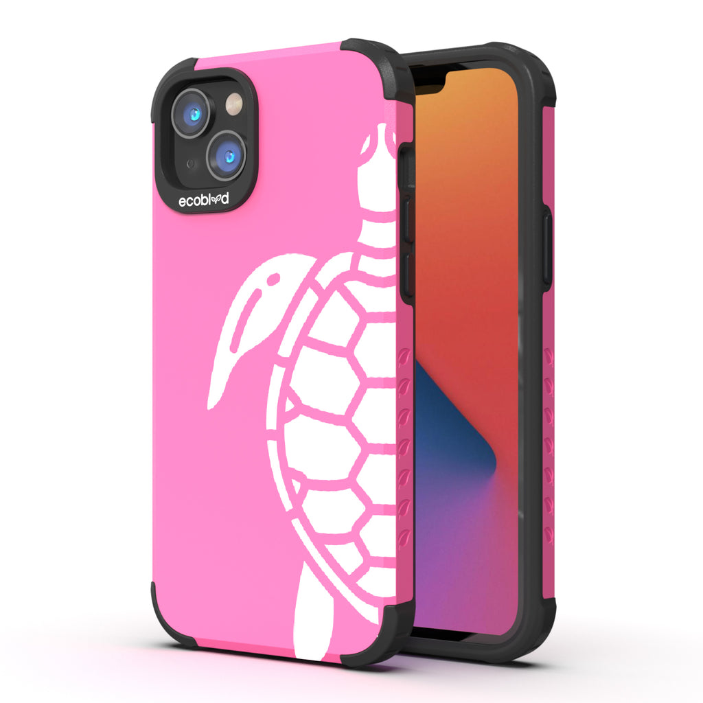 Sea Turtle - Back View Of Pink & Eco-Friendly Rugged iPhone 14 Case & A Front View Of The Screen