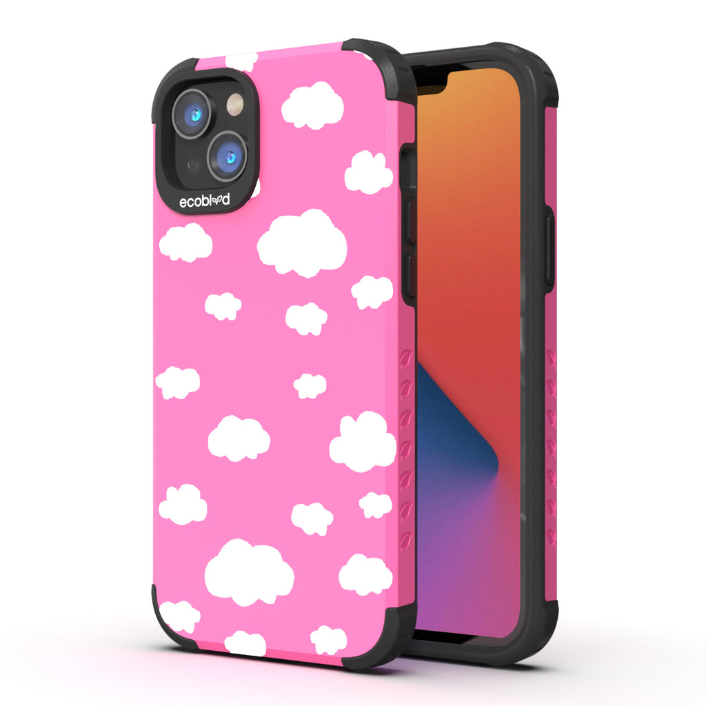 Clouds - Back View Of Pink & Eco-Friendly Rugged iPhone 14 Plus Case & A Front View Of The Screen