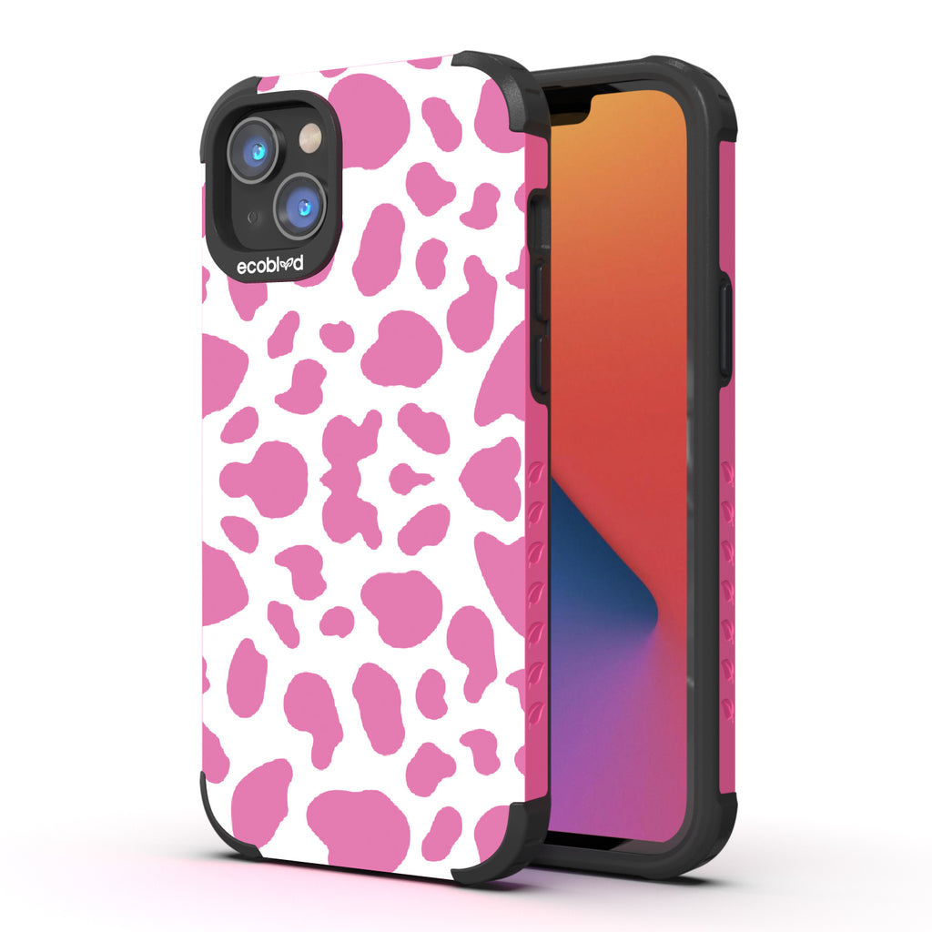 Cow Print - Back View Of Pink & Eco-Friendly Rugged iPhone 14 Plus Case & A Front View Of The Screen
