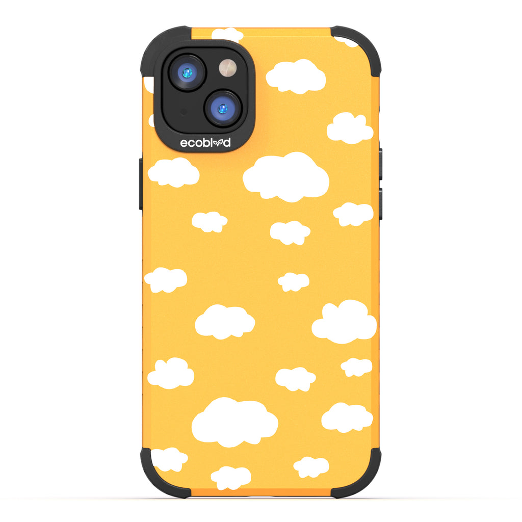 Clouds - Yellow Rugged Eco-Friendly iPhone 14 Plus Case With A Fluffy White Cartoon Clouds Print On Back