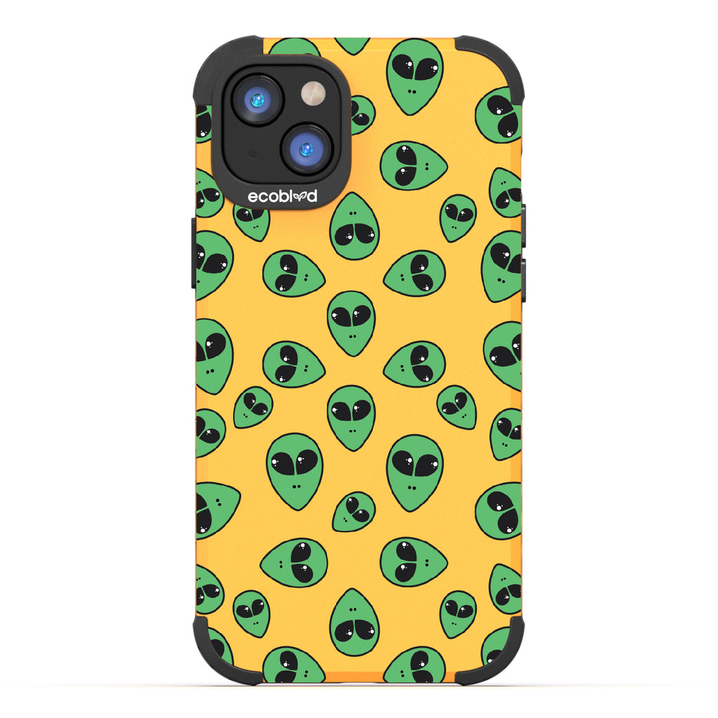 Aliens - Yellow Rugged Eco-Friendly iPhone 14 Plus Case With Green Cartoon Alien Heads On Back