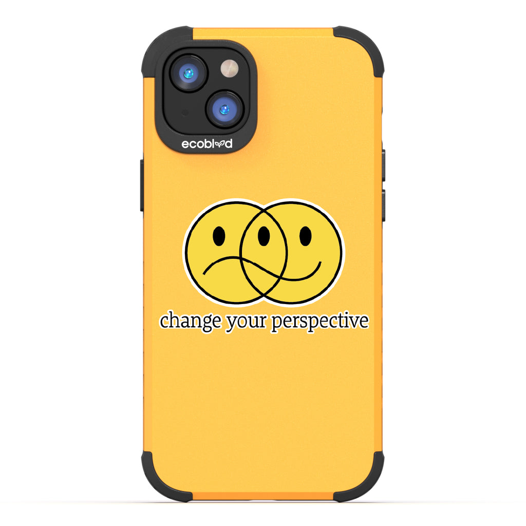 Perspective - Yellow Rugged Eco-Friendly iPhone 14 Case With A Happy/Sad Face & Change Your Perspective On Back