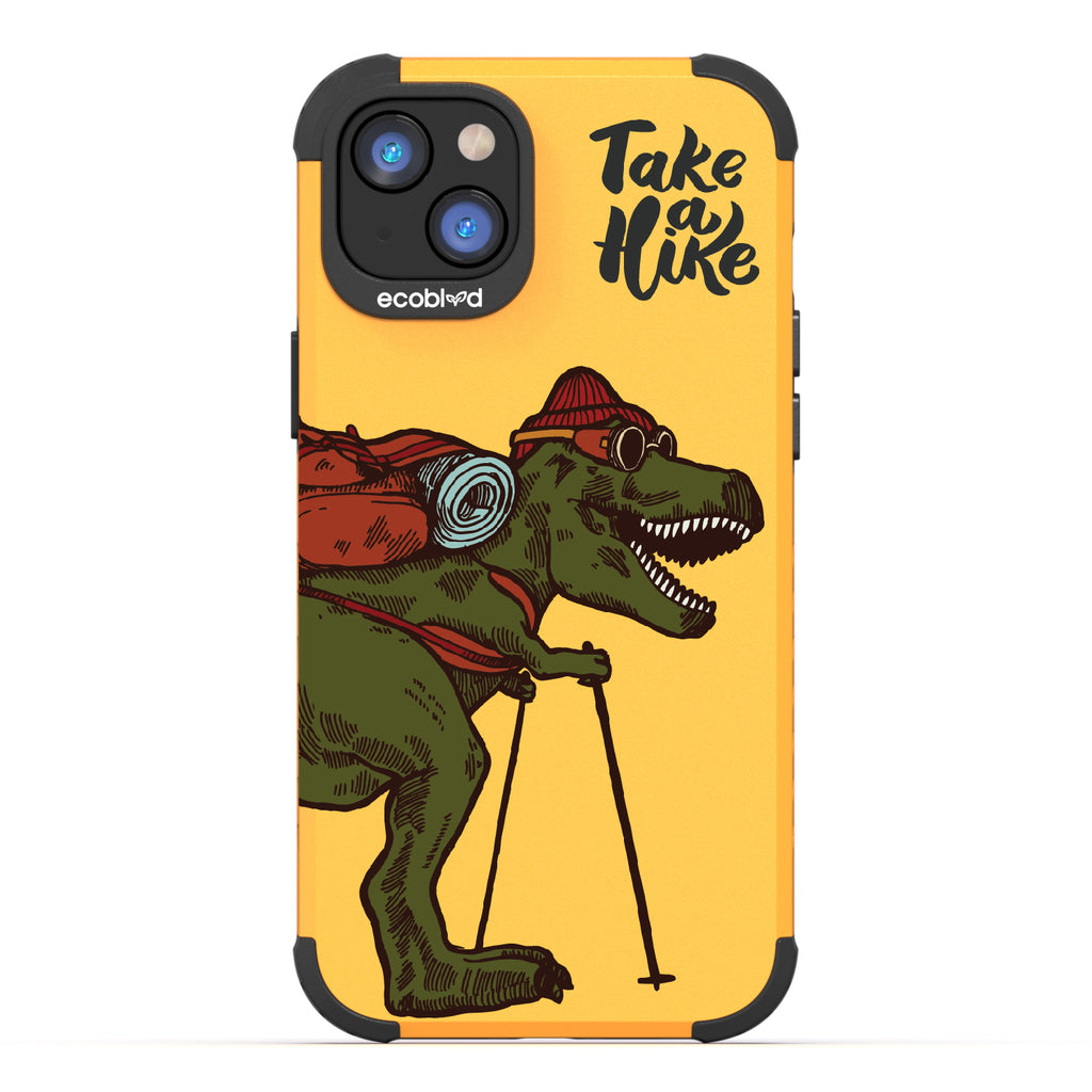 Take A Hike - Yellow Rugged Eco-Friendly iPhone 14 Plus Case With A Trail-Ready T-Rex And A Quote Saying Take A Hike On Back