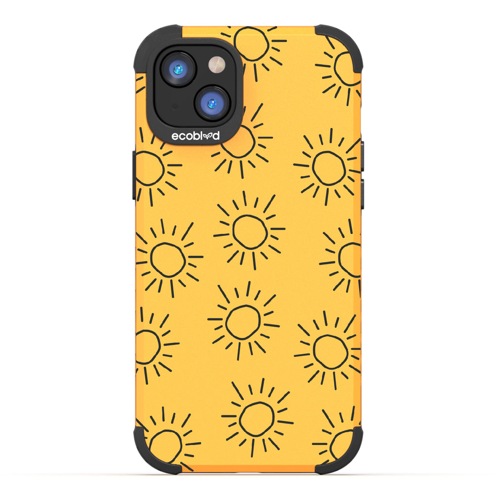 Sun - Yellow Rugged Eco-Friendly iPhone 14 Case With Hand-Drawn Suns On Back
