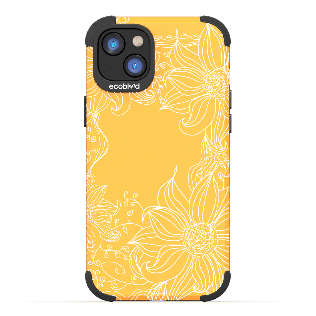Flower Stencil - Yellow Rugged Eco-Friendly iPhone 14 Plus Case With A Sunflower Stencil Line Art Design  On Back