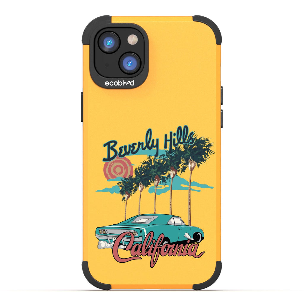 iPhone 16e, 14, 13 case, rugged compostable phone case in yellow, back view, 90210 design