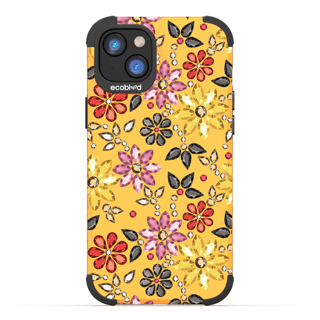 Bejeweled - Rhinestone Jewels In Floral Patterns - Yellow Eco-Friendly Rugged iPhone 14 Plus Case