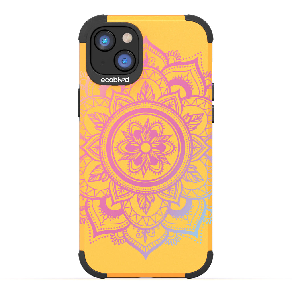 Mandala - Yellow Rugged Eco-Friendly iPhone 14 Case With A Pink Lotus Flower Mandala On Back