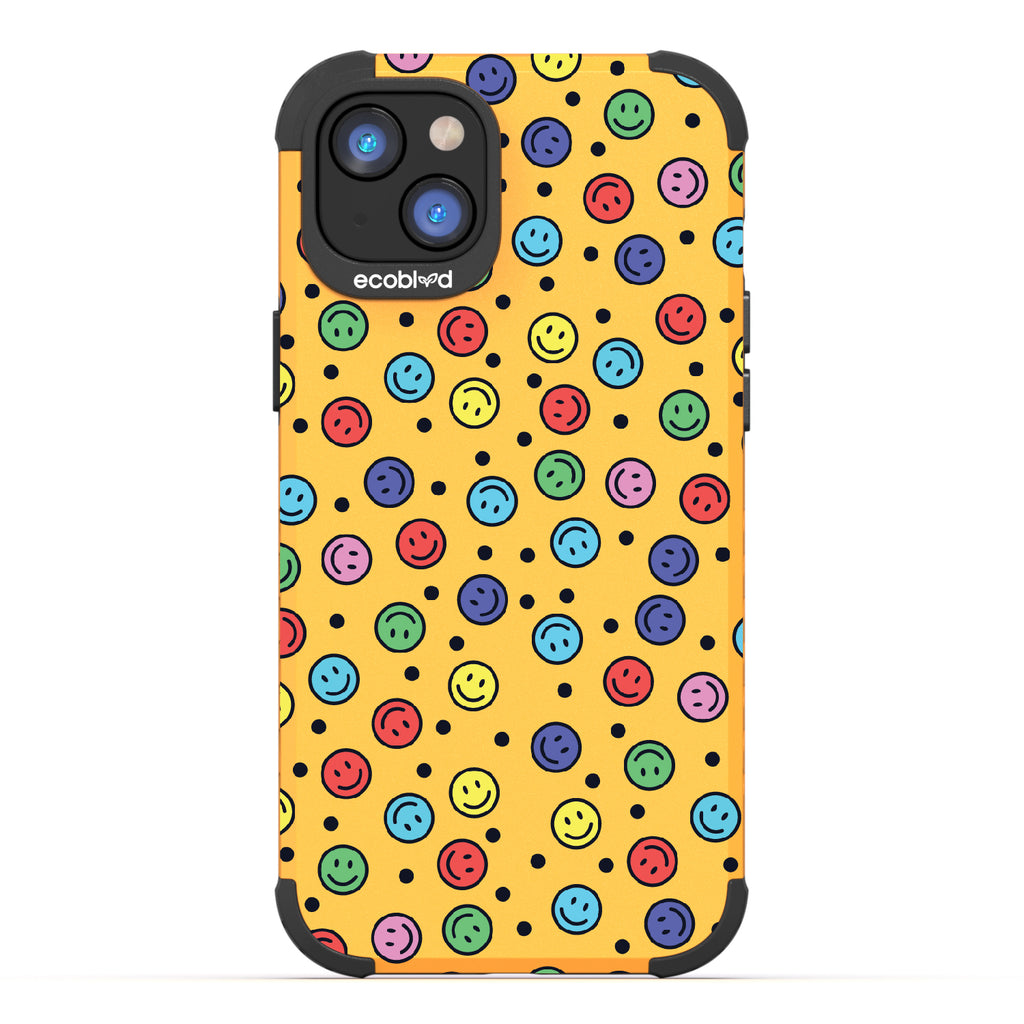 All Smiles - Yellow Rugged Eco-Friendly iPhone 14 Plus Case With Multicolored Smiley Faces & Black Dots On Back