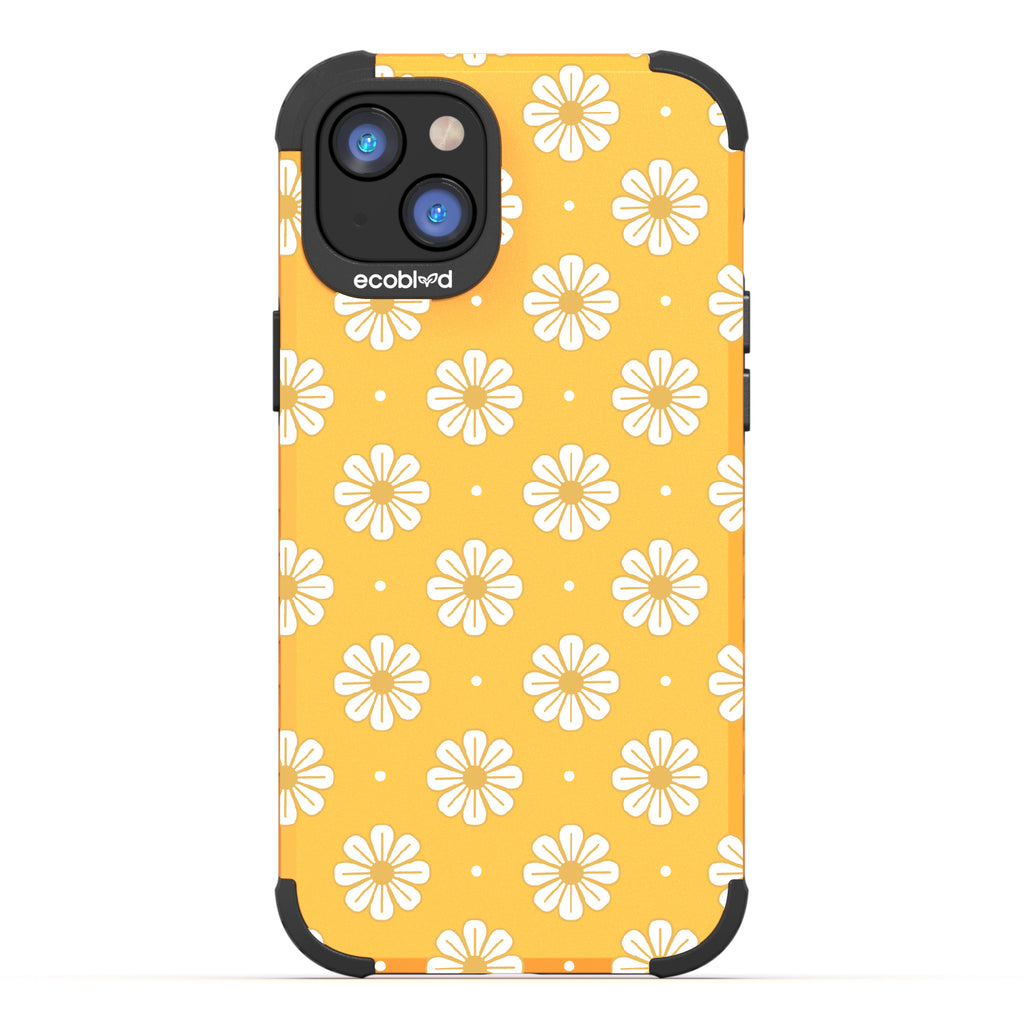 Daisy - Yellow Rugged Eco-Friendly iPhone 14 Case With A White Floral Pattern Of Daisies & Dots On Back
