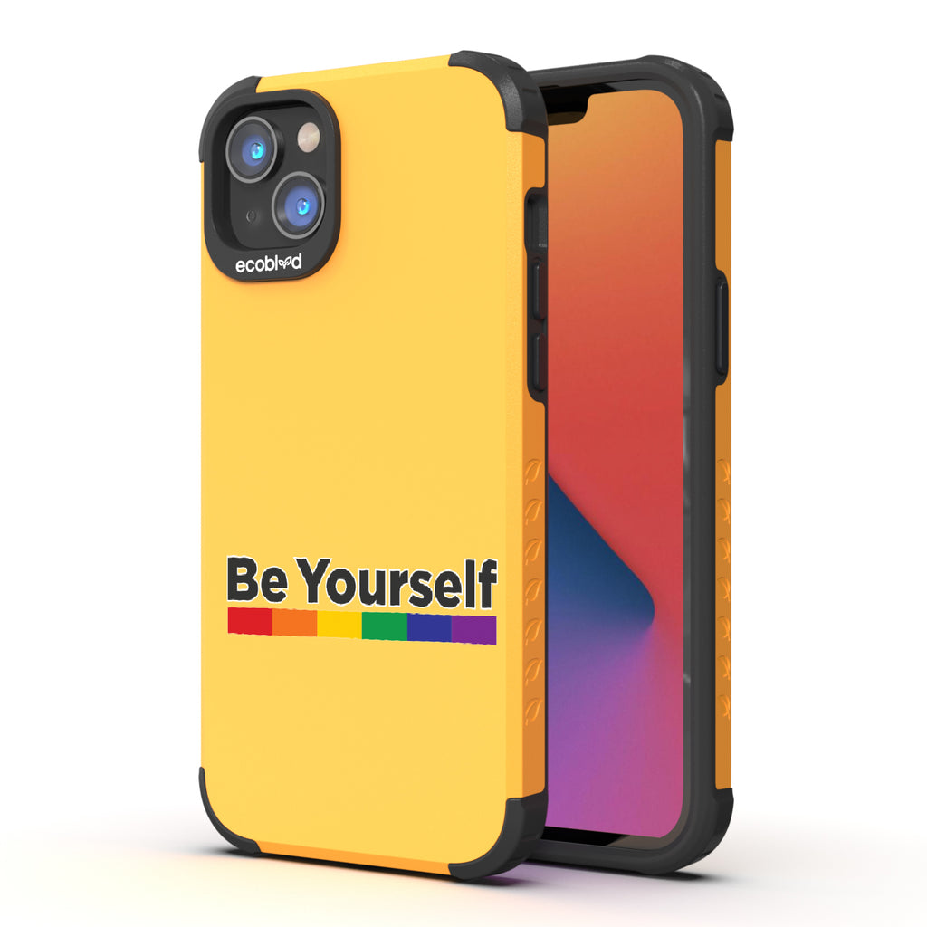 Be Yourself - Back View Of Yellow Eco-Friendly iPhone 14 Plus Rugged Case & Front View Of Screen