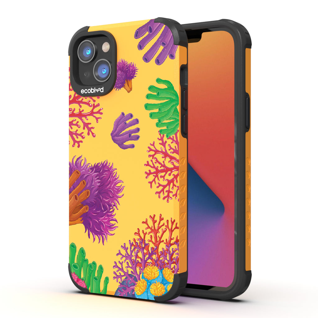 Coral Reef - Back View Of Yellow & Eco-Friendly Rugged iPhone 14 Plus Case & A Front View Of The Screen