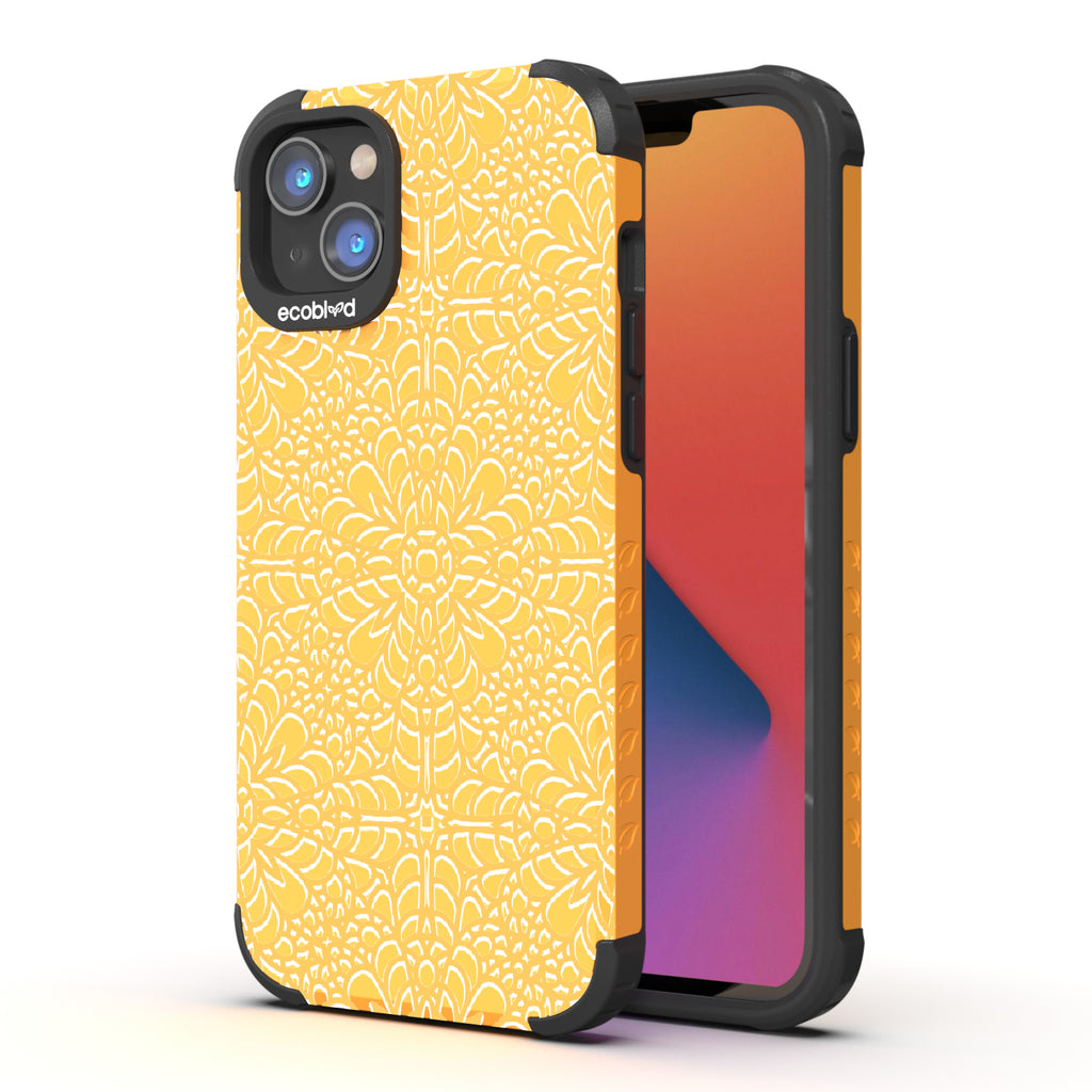 A Lil' Dainty - Back View Of Eco-Friendly Yellow iPhone 14 Plus Rugged Case & Front View Of Screen