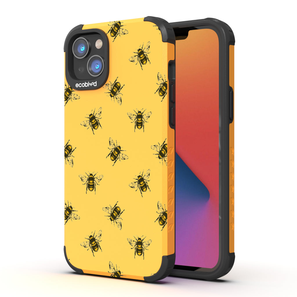 Bees - Back View Of Yellow & Eco-Friendly Rugged iPhone 14 Plus Case & A Front View Of The Screen