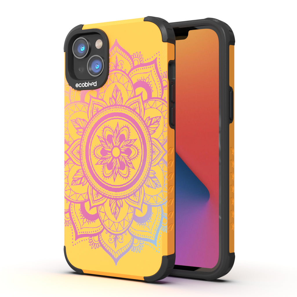 Mandala - Back View Of Yellow & Eco-Friendly Rugged iPhone 14 Plus Case & A Front View Of The Screen