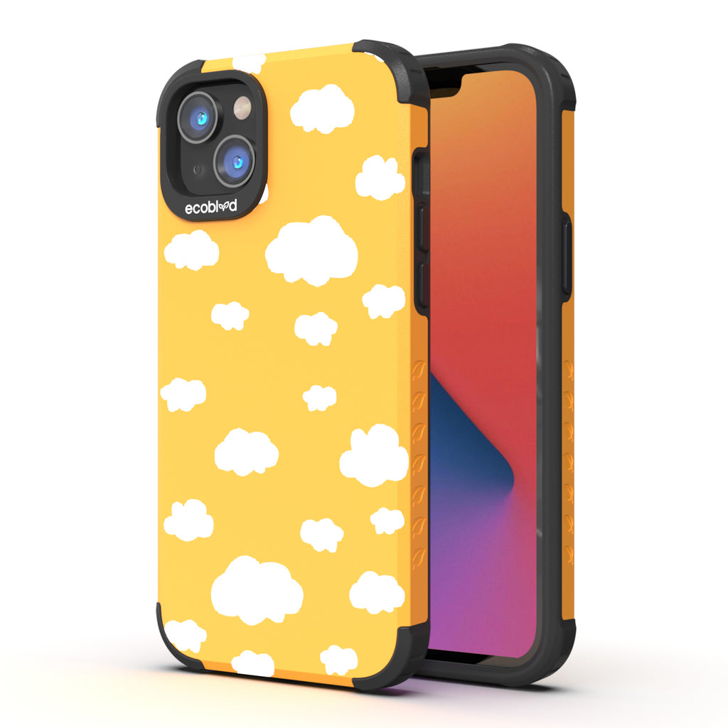 Clouds - Back View Of Yellow & Eco-Friendly Rugged iPhone 14 Plus Case & A Front View Of The Screen
