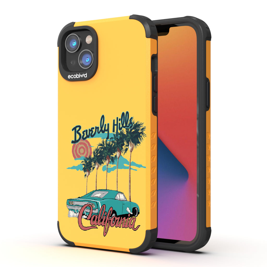 Front and back view of iPhone 14 Plus case, rugged compostable phone case in yellow, 90210 design