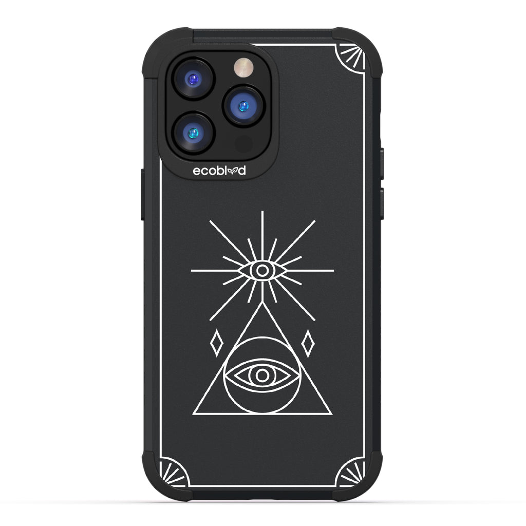Tarot Card  - Black Rugged Eco-Friendly iPhone 14 Pro Case With An All-Seeing Eye Tarot Card On Back