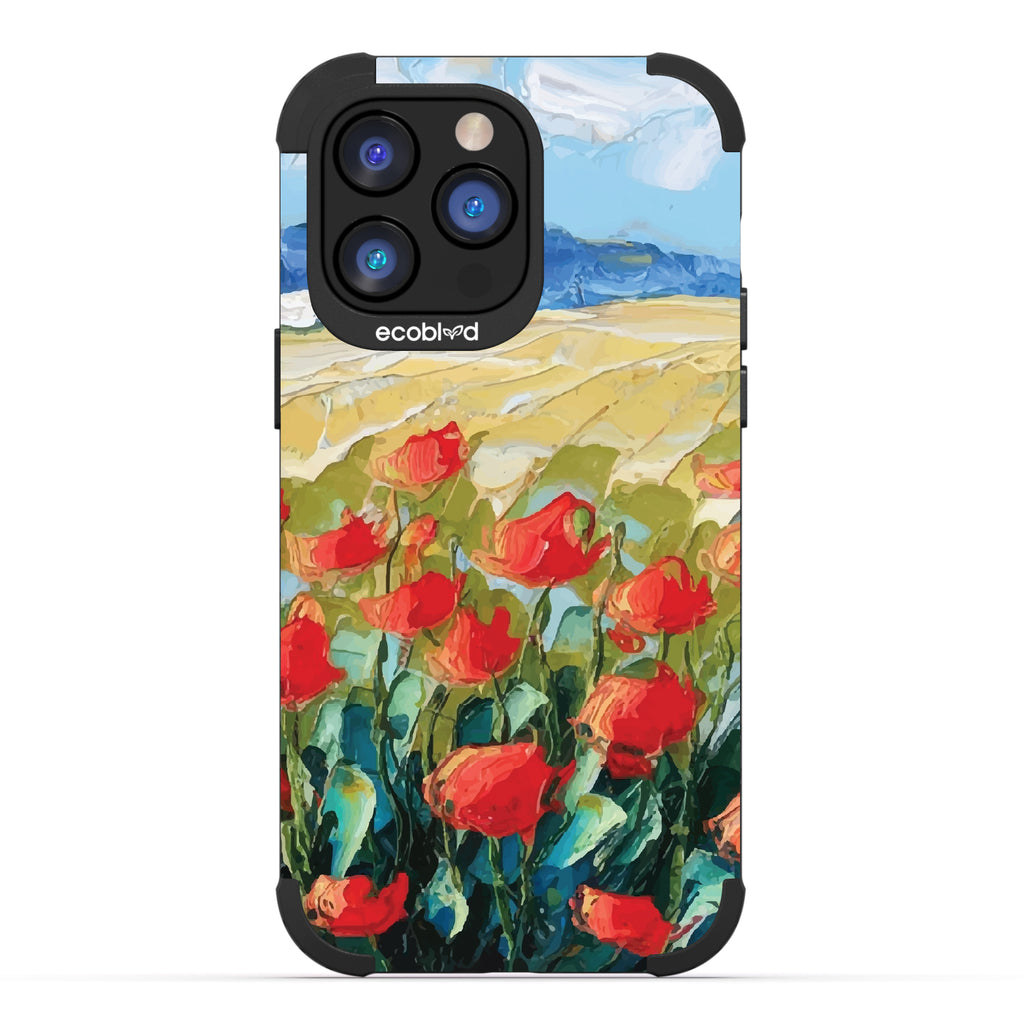 iPhone 14 Pro Max case, rugged compostable phone case in black, back view, Sleepy Bloom design