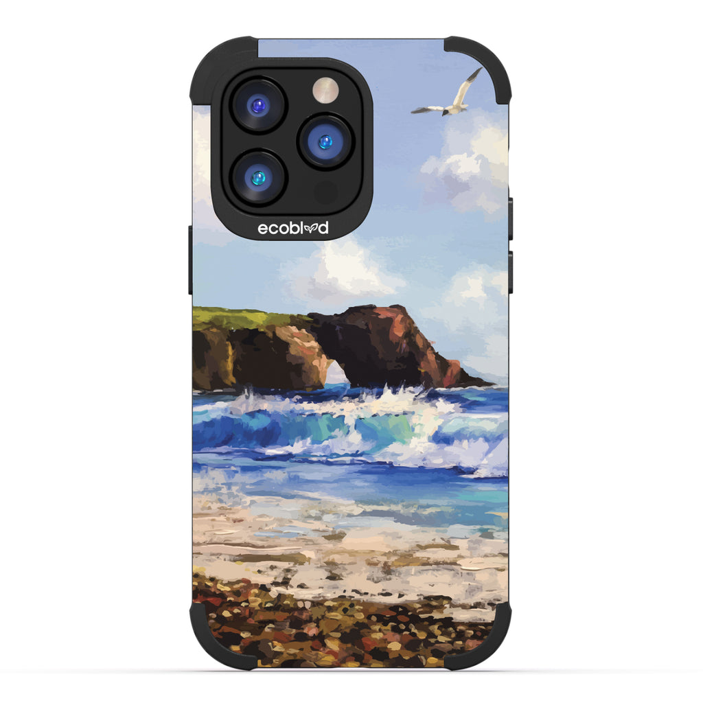 iPhone 14 Pro Max case, rugged compostable phone case in black, back view, Cliffhanger design