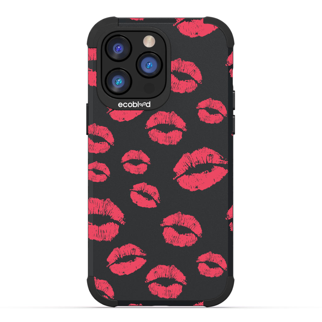 Bisou - Red Lipstick Kisses - Black Eco-Friendly Rugged iPhone 14 Pro Case