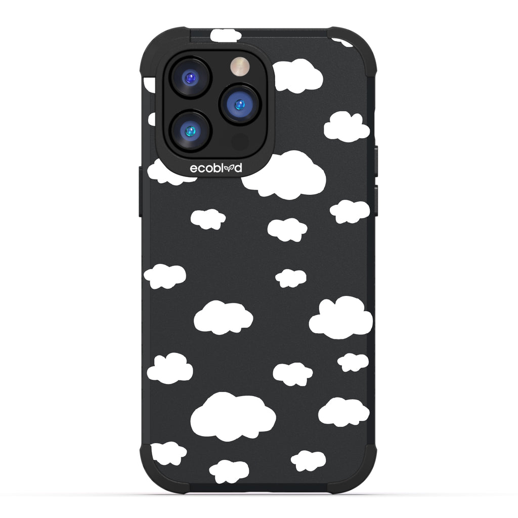 Clouds - Black Rugged Eco-Friendly iPhone 14 Pro Case With A Fluffy White Cartoon Clouds Print On Back