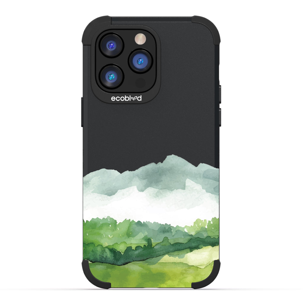 iPhone 14 Pro M,ax case, rugged compostable phone case in black, back view, Open Horizon design