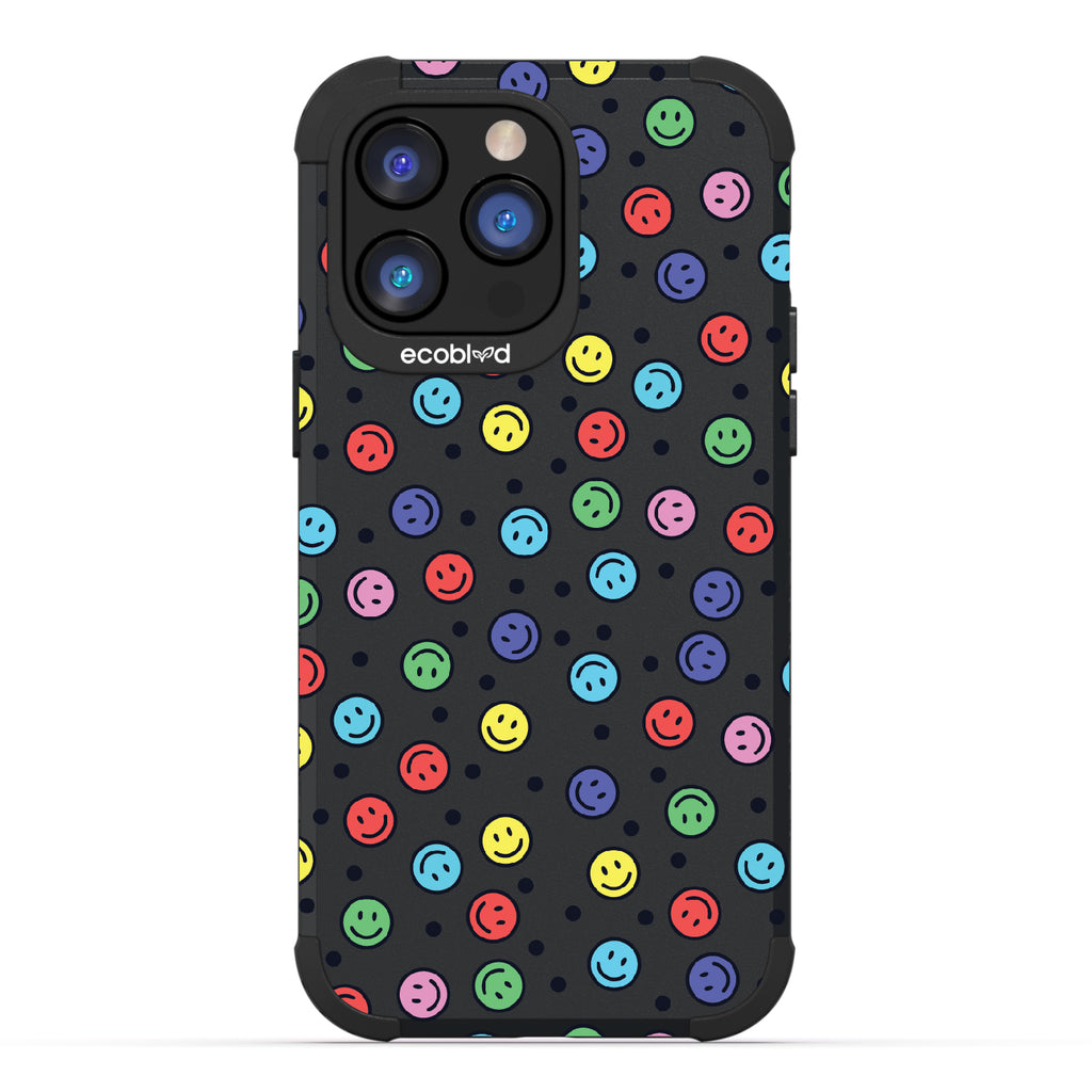 All Smiles - Black Rugged Eco-Friendly iPhone 14 Pro Case With Multicolored Smiley Faces & Black Dots On Back