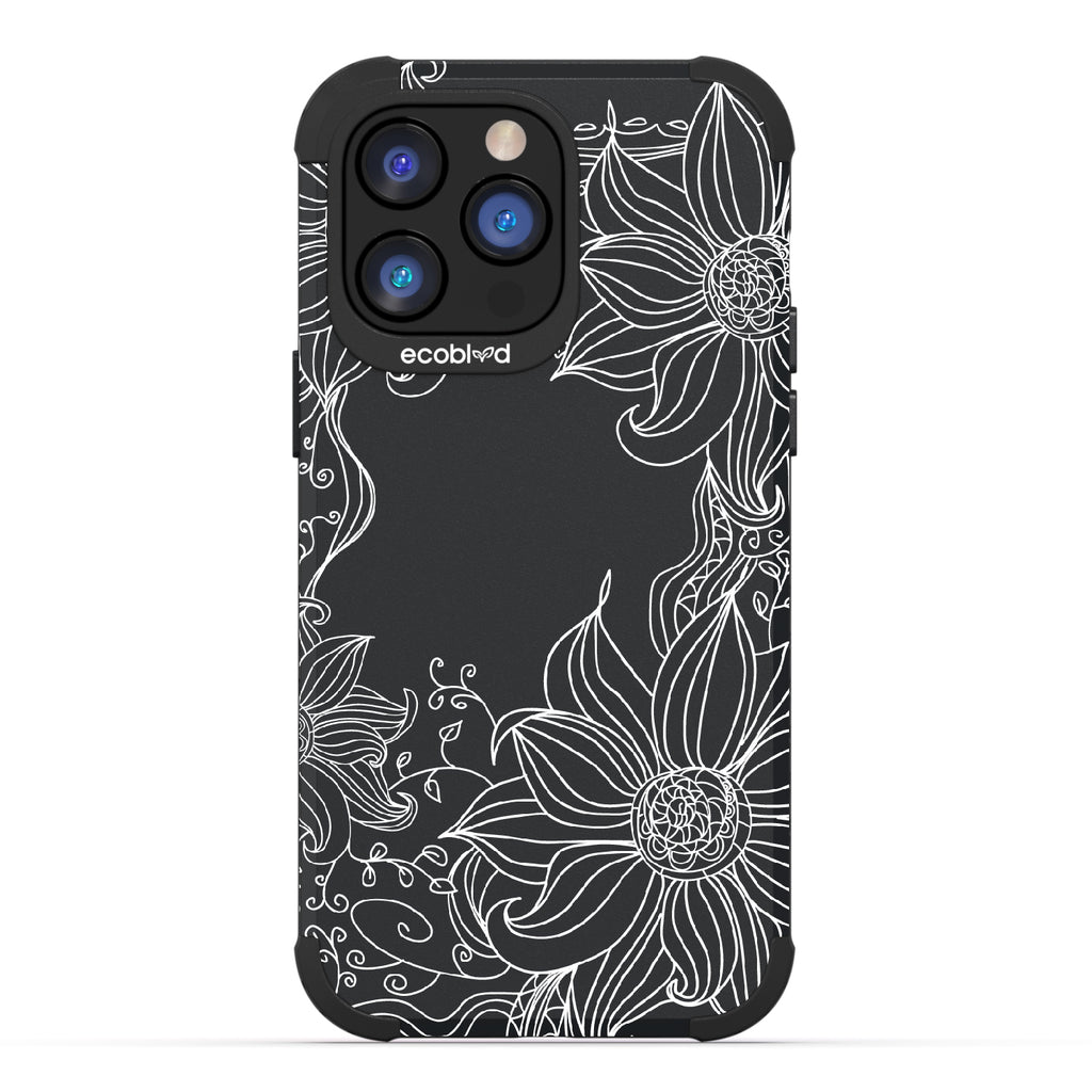 Flower Stencil - Black Rugged Eco-Friendly iPhone 14 Pro Max Case With A Sunflower Stencil Line Art Design  On Back