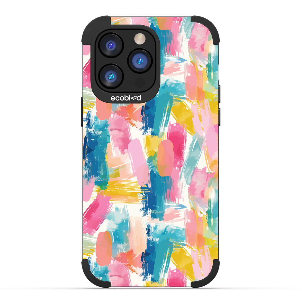 iPhone 14 Pro Max case, rugged compostable phone case in black, back view, Blurred Beauty design