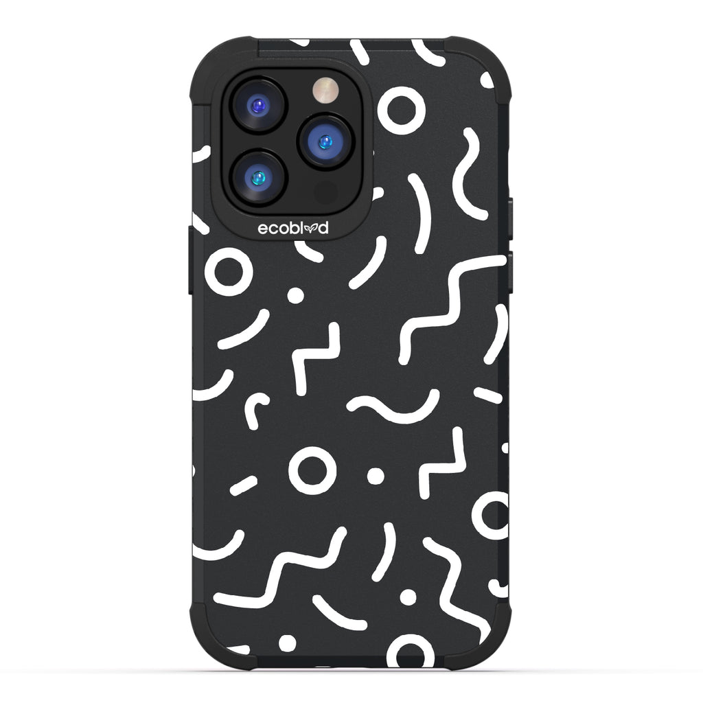 90?€?s Kids  - Black Rugged Eco-Friendly iPhone 14 Pro Case With Retro 90?€?s Lines & Squiggles On Back