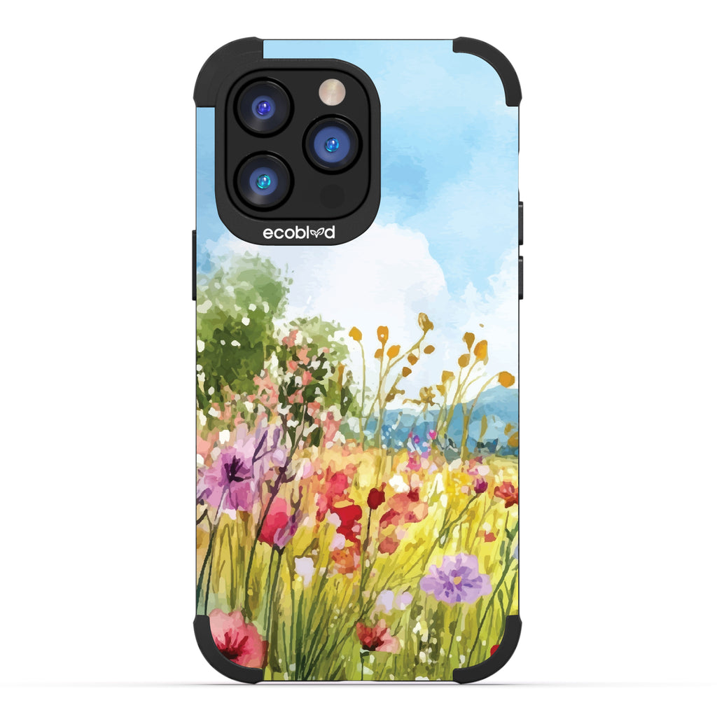 iPhone 14 Pro Max case, rugged compostable phone case in black, back view, Everwild design