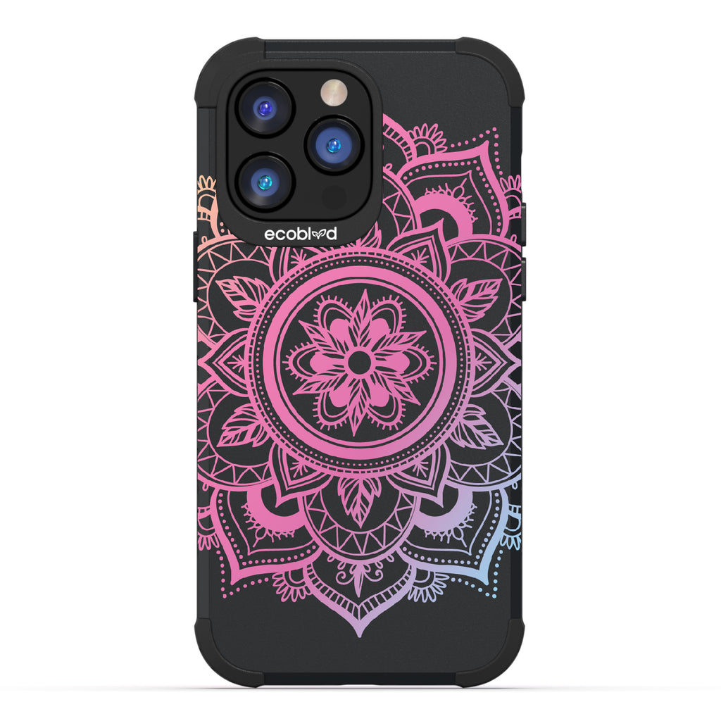 Mandala - Black Rugged Eco-Friendly iPhone 14 Pro Max Case With A Pink Lotus Flower Mandala On Back