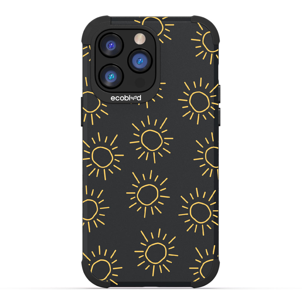 Sun - Black Rugged Eco-Friendly iPhone 14 Pro Case With Hand-Drawn Suns On Back