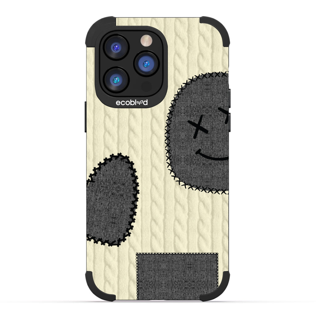 All Patched Up - Cable Knit With Patches of Heart + Happy Face - Black Eco-Friendly Rugged iPhone 14 Pro Max Case  