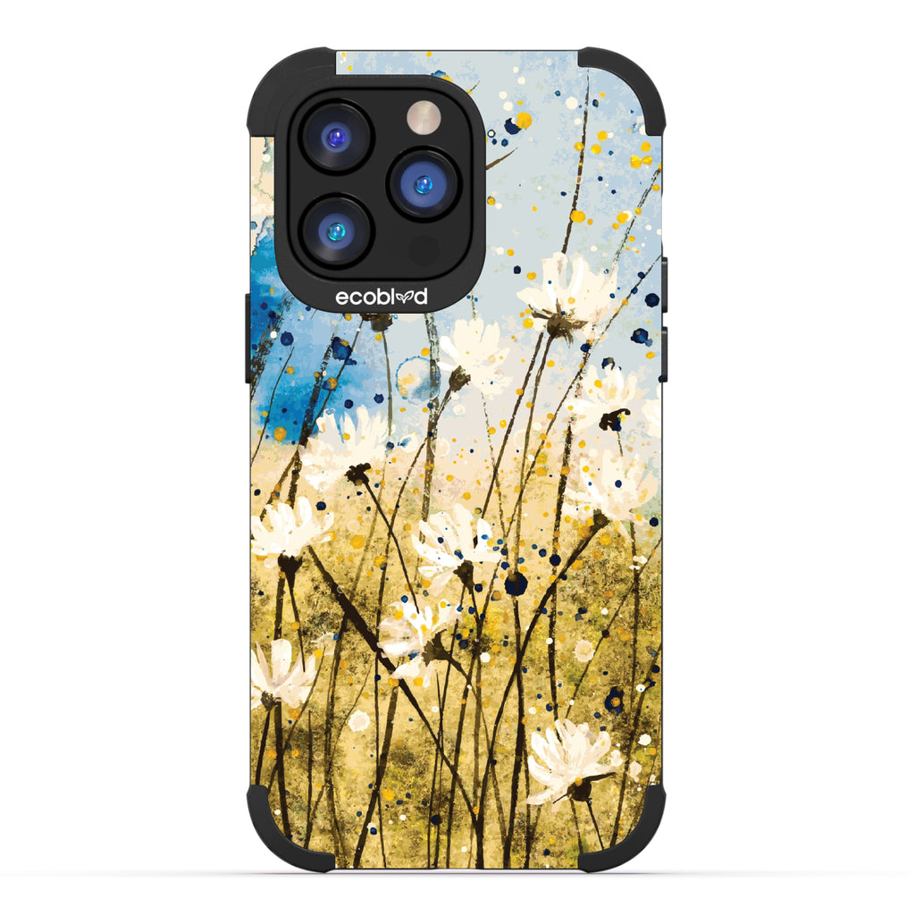 iPhone 14 Pro Max case, rugged compostable phone case in black, back view, Dandelion Dance design