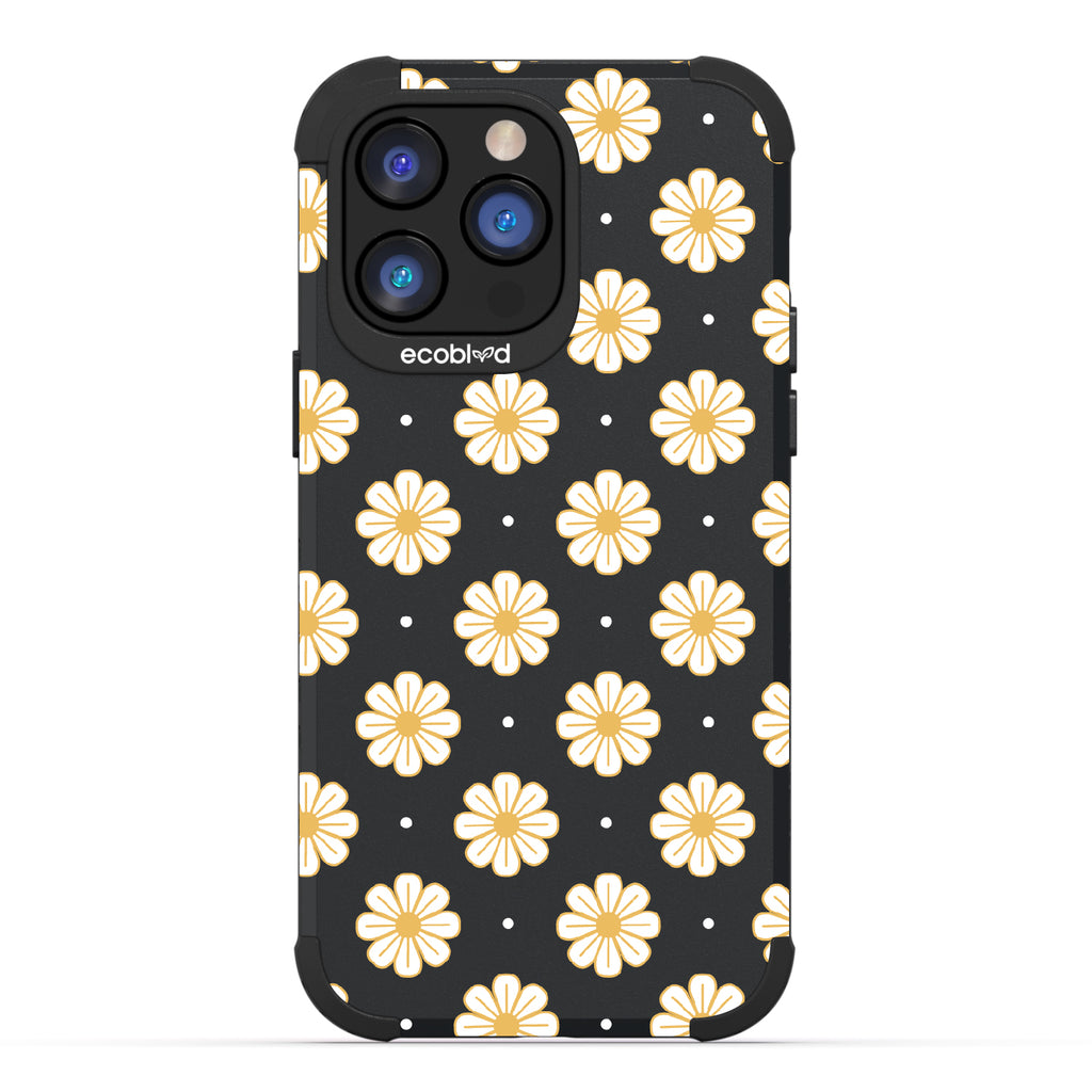 Daisy - Black Rugged Eco-Friendly iPhone 14 Pro Case With A White Floral Pattern Of Daisies & Dots On Back